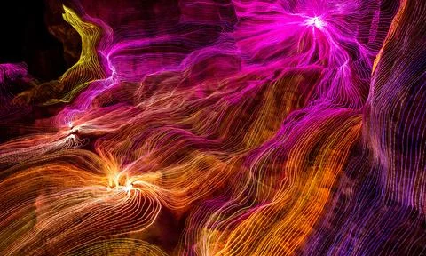Abstract wave of digital weave lines connecting network dots and dark background Stock Photos