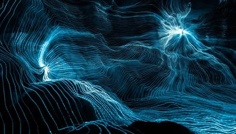 Abstract wave of digital weave lines connecting network dots and dark background Stock Photos