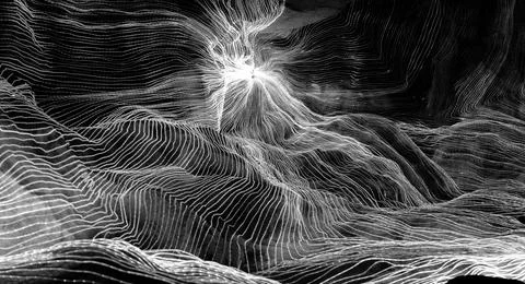 Abstract wave of digital weave lines connecting network dots and dark background Stock Photos