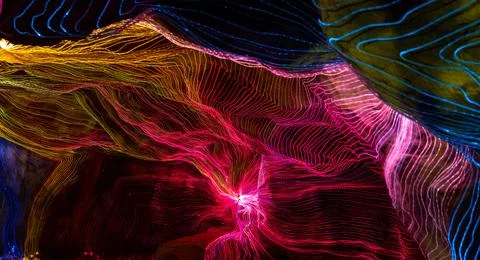 Abstract wave of digital weave lines connecting network dots and dark background Stock Photos