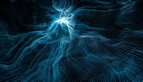 Abstract wave of digital weave lines connecting network dots and dark background Stock Photos
