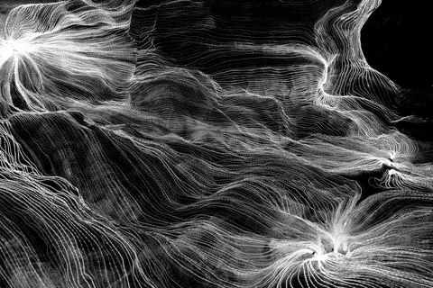 Abstract wave of digital weave lines connecting network dots and dark background Stock Photos