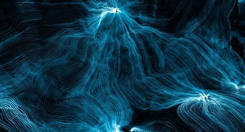 Abstract wave of digital weave lines connecting network dots and dark background Stock Photos