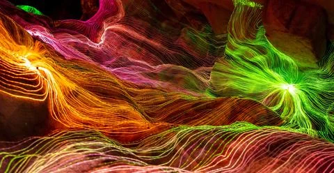 Abstract wave of digital weave lines connecting network dots and dark background Stock Photos