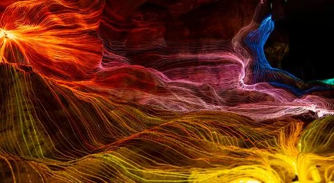 Abstract wave of digital weave lines connecting network dots and dark background Stock Photos