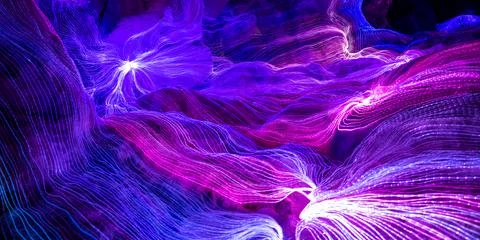 Abstract wave of digital weave lines connecting network dots and dark background Stock Photos