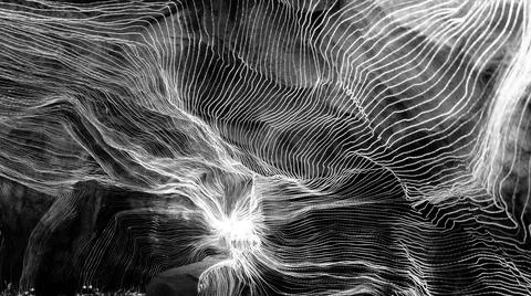 Abstract wave of digital weave lines connecting network dots and dark background Stock Photos