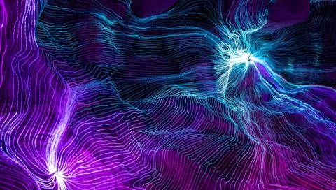 Abstract wave of digital weave lines connecting network dots and dark background Stock Photos