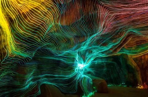 Abstract wave of digital weave lines connecting network dots and dark background Stock Photos