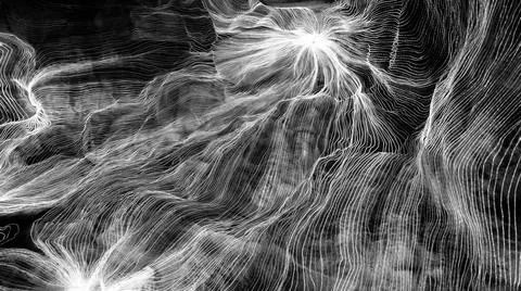 Abstract wave of digital weave lines connecting network dots and dark background Stock Photos
