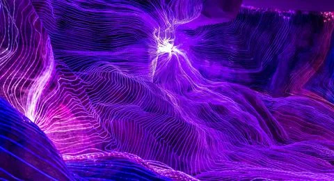 Abstract wave of digital weave lines connecting network dots and dark background Stock Photos