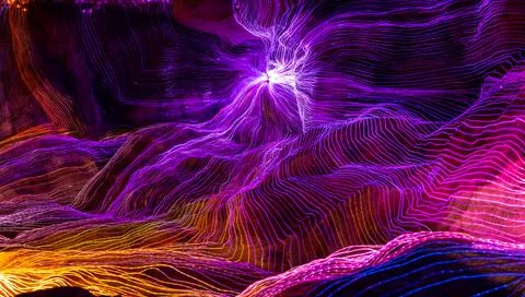 Abstract wave of digital weave lines connecting network dots and dark background Stock Photos