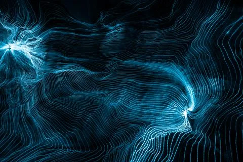 Abstract wave of digital weave lines connecting network dots and dark background Stock Photos