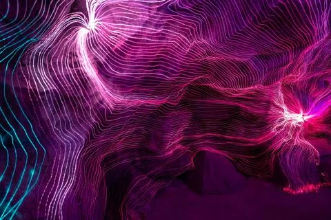 Abstract wave of digital weave lines connecting network dots and dark background Stock Photos