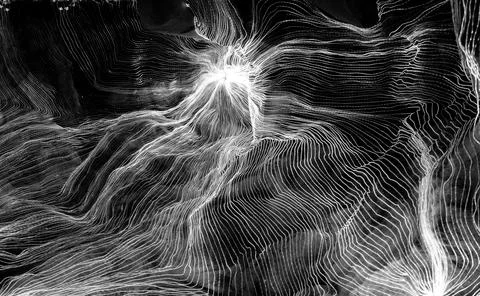Abstract wave of digital weave lines connecting network dots and dark background Stock Photos