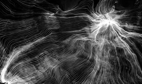 Abstract wave of digital weave lines connecting network dots and dark background Stock Photos
