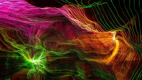 Abstract wave of digital weave lines connecting network dots and dark background Stock Photos