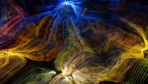 Abstract wave of digital weave lines connecting network dots and dark background Stock Photos