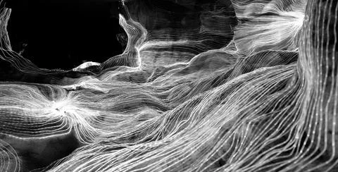 Abstract wave of digital weave lines connecting network dots and dark background Stock Photos