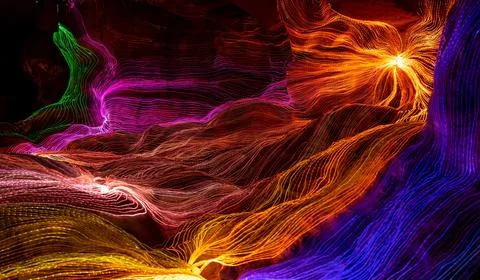 Abstract wave of digital weave lines connecting network dots and dark background Stock Photos