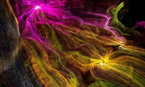 Abstract wave of digital weave lines connecting network dots and dark background Stock Photos