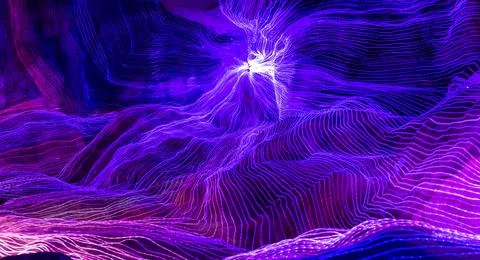 Abstract wave of digital weave lines connecting network dots and dark background Stock Photos