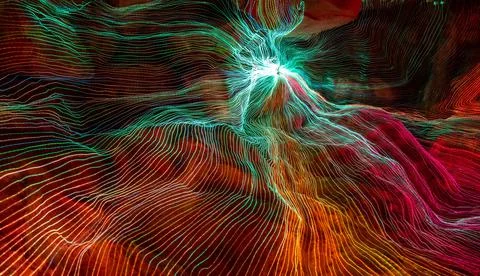 Abstract wave of digital weave lines connecting network dots and dark background Stock Photos