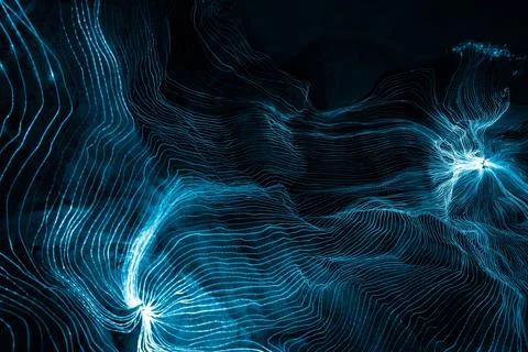 Abstract wave of digital weave lines connecting network dots and dark background Stock Photos
