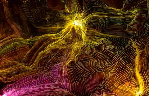 Abstract wave of digital weave lines connecting network dots and dark background Stock Photos