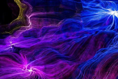 Abstract wave of digital weave lines connecting network dots and dark background Stock Photos