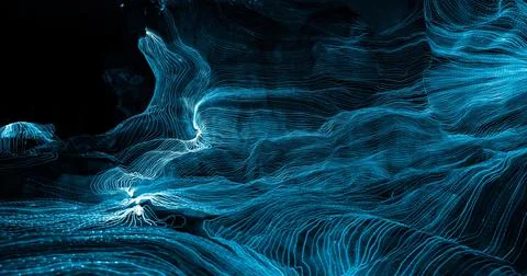 Abstract wave of digital weave lines connecting network dots and dark background Stock Photos