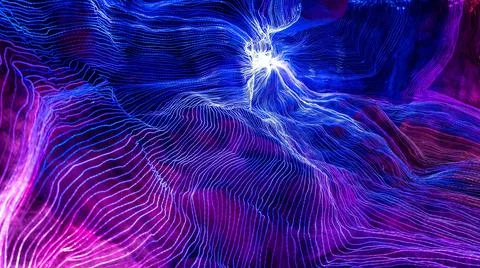 Abstract wave of digital weave lines connecting network dots and dark background Stock Photos