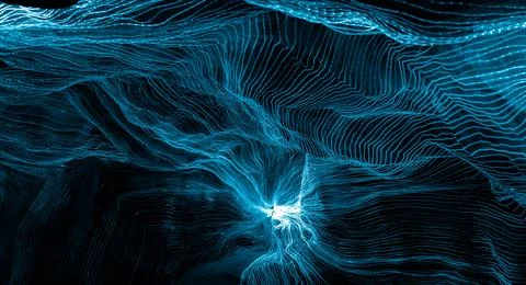Abstract wave of digital weave lines connecting network dots and dark background Stock Photos