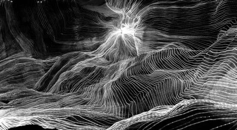 Abstract wave of digital weave lines connecting network dots and dark background Stock Photos