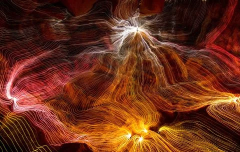 Abstract wave of digital weave lines connecting network dots and dark background Stock Photos