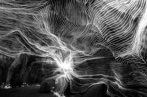 Abstract wave of digital weave lines connecting network dots and dark background Stock Photos
