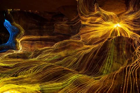 Abstract wave of digital weave lines connecting network dots and dark background Stock Photos