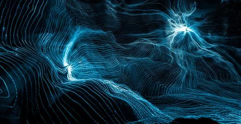 Abstract wave of digital weave lines connecting network dots and dark background Stock Photos