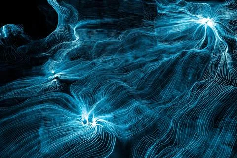Abstract wave of digital weave lines connecting network dots and dark background Stock Photos