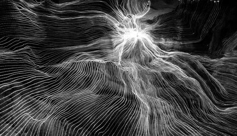 Abstract wave of digital weave lines connecting network dots and dark background Stock Photos