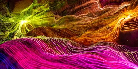 Abstract wave of digital weave lines connecting network dots and dark background Stock Photos