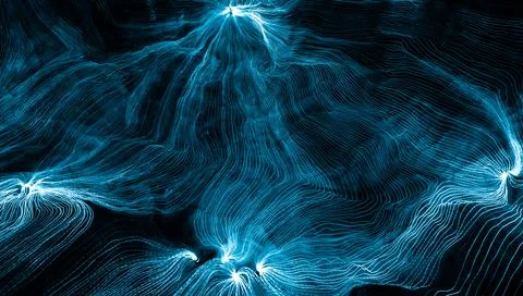 Abstract wave of digital weave lines connecting network dots and dark background Stock Photos