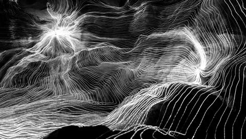 Abstract wave of digital weave lines connecting network dots and dark background Stock Photos