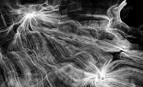 Abstract wave of digital weave lines connecting network dots and dark background Stock Photos