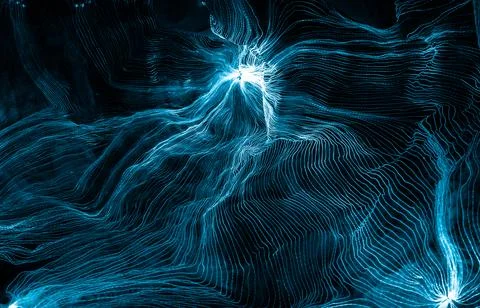 Abstract wave of digital weave lines connecting network dots and dark background Stock Photos