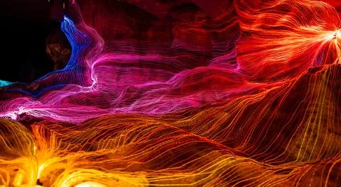 Abstract wave of digital weave lines connecting network dots and dark background Stock Photos