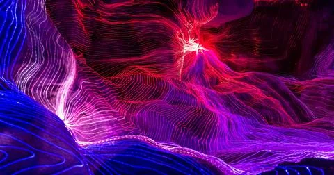 Abstract wave of digital weave lines connecting network dots and dark background Stock Photos