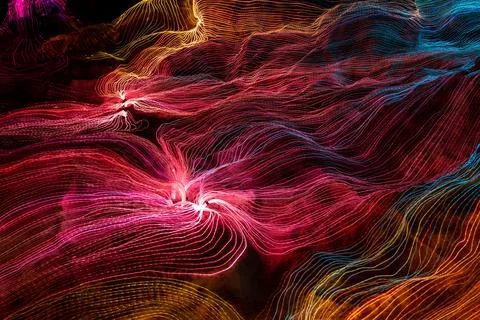 Abstract wave of digital weave lines connecting network dots and dark background Stock Photos