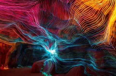 Abstract wave of digital weave lines connecting network dots and dark background Stock Photos