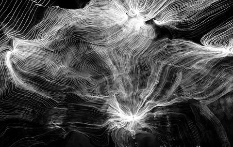 Abstract wave of digital weave lines connecting network dots and dark background Stock Photos